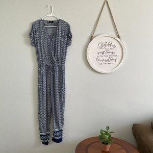 BOHO Long Romper Geometrical Design Blue White Size S